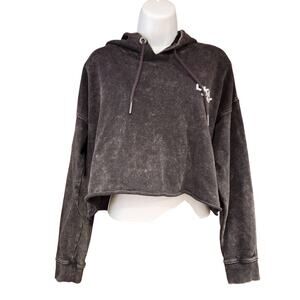 DKNY‎ Jeans Cropped Pullover Hoodie Destressed Fade Black Sz Small